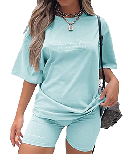 Tomwell Sommer Kurzarm Top Shorts Set für Damen Casual Freizeitanzug Rundhals Einfarbig Lose Sportbekleidung Zweiteiler Briefdruck Jogginganzug Outfits Blau L von Tomwell