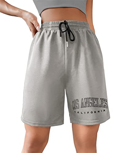 Tomwell Sommer Kurze Hose Damen High Waist Shorts mit Buchstaben Grafik Locker Sport Freizeithosen Athletic Sweatshorts Teenager Mädchen Y2K Shorts mit Taschen Gummibund A Grau S von Tomwell