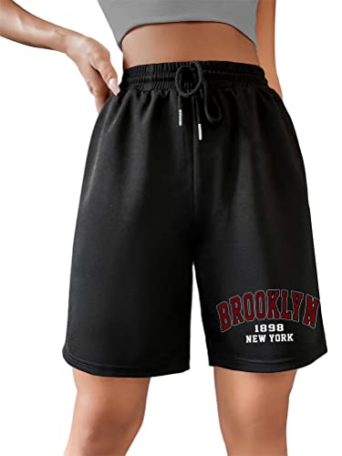 Tomwell Sommer Kurze Hose Damen High Waist Shorts mit Buchstaben Grafik Locker Sport Freizeithosen Athletic Sweatshorts Teenager Mädchen Y2K Shorts mit Taschen Gummibund C Schwarz S von Tomwell