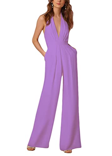 Tomwell Sommer Lang Jumpsuit Damen Elegant Kurzarm Rundhals Playsuit mit Gürtel Hosenanzug Breite Weites Bein Overall für Hochzeit Business Festlich B Helles Lila XXL von Tomwell