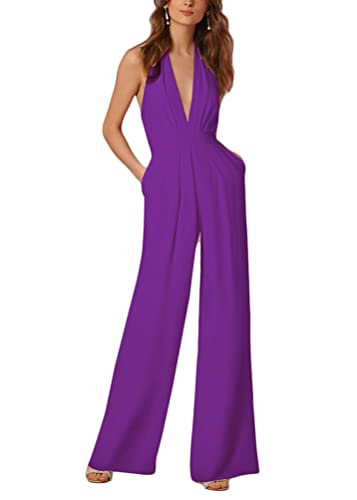 Tomwell Sommer Lang Jumpsuit Damen Elegant Kurzarm Rundhals Playsuit mit Gürtel Hosenanzug Breite Weites Bein Overall für Hochzeit Business Festlich B Violett S von Tomwell