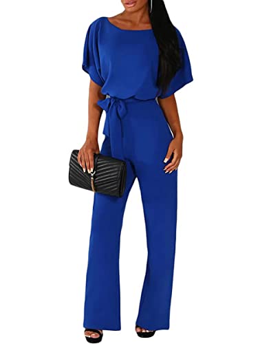 Tomwell Sommer Lang Jumpsuit Damen Elegant Kurzarm Rundhals Playsuit mit Gürtel Hosenanzug Breite Weites Bein Overall für Hochzeit Business Festlich Blau M von Tomwell