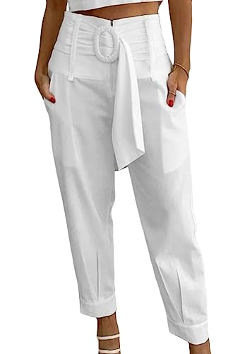 Tomwell Sommerhose Damen High Waist Leg Pants Leichte Bequem 7/8 Hose Schlafanzughose mit Taschen Casual Elegant Strandhose Freizeithose Leinen Stoffhose A Weiß 3XL von Tomwell