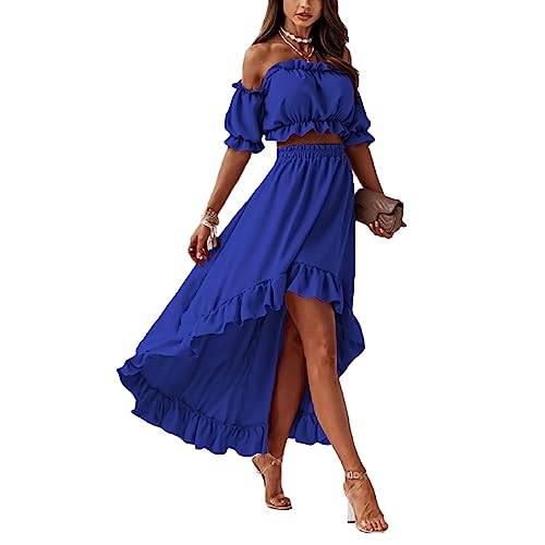 Tomwell Sommerkleid Damen Elegant Sommer Einfarbig Kleider 2-Teiliges Set Schulterfrei Crop Top und Maxirock Mit Asymmetrischen Saum Midikleider Frauen Strandkleider A Dunkelblau S von Tomwell