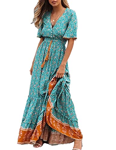 Tomwell Sommerkleider Damen Boho Lange Kleider V-Ausschnitt Kurzarm Blumen Wickelkleid Maxikleid Bohemian Strandkleid mit Schlitz Z1 Grün XL Tomwell Sommerkleider Damen Boho Lange Kleider V-Ausschnitt Kurzarm Blumen Wickelkleid Maxikleid Bohemian Strandkleid mit Schlitz Z1 Grün XL von Tomwell