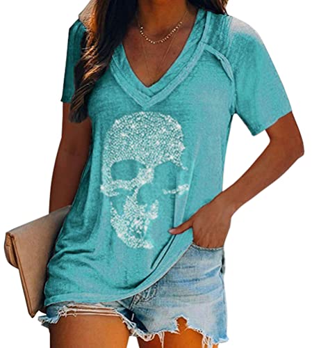 Tomwell Damen Shirt Kurzarm Basic Oberteile Löwenzahn Lang Casual Locker Pullover Einfarbig V-Ausschnitt Sommer Kurzarm T-Shirt Lose Bluse Tunika J Blau XL von Tomwell