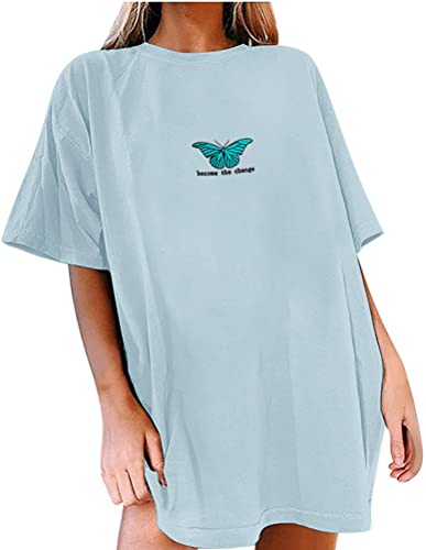 Tomwell T Shirt Damen Kurzarm Sport Sommer Oberteile Oversize T-Shirt mit Schmetterling Muster Sweatshirt Lose Rundhals Drucken Bluse Teenager Mädchen Tunika Top Lang A Baby Blau XL von Tomwell