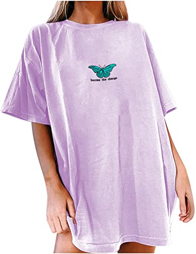 Tomwell T Shirt Damen Kurzarm Sport Sommer Oberteile Oversize T-Shirt mit Schmetterling Muster Sweatshirt Lose Rundhals Drucken Bluse Teenager Mädchen Tunika Top Lang A Lila M von Tomwell