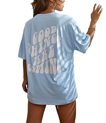 Tomwell T-Shirt Damen Kurzarm Sport Sommer Oberteile Oversize Tshirt mit Buchstaben Muster Sweatshirt Lose Rundhals Rückendruck Bluse Teenager Mädchen Tunika Lang Top D Blau XL von Tomwell