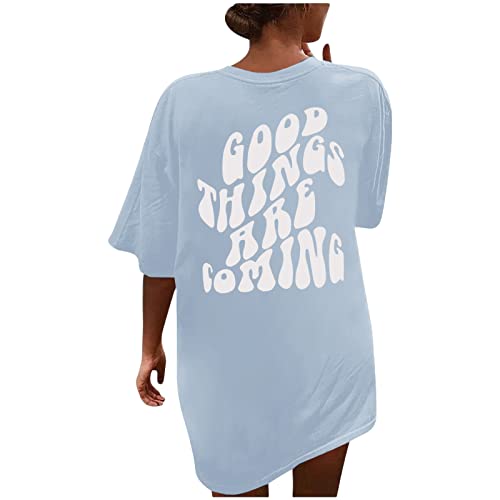 Tomwell T Shirt Damen Kurzarm Top Sport Sommer Oberteile Oversize Rückendruck Letter Print T-Shirt Sweatshirt Lose Rundhals Drucken Bluse Teenager Mädchen Tunika Lang P Blau XL von Tomwell