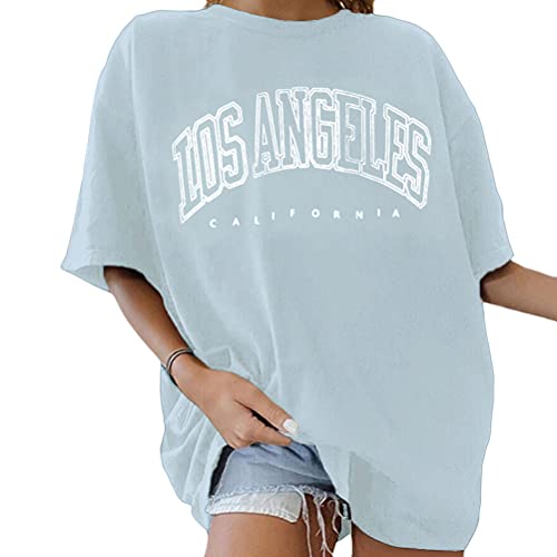 Tomwell T-Shirt Damen Oversized Mode Lose Rundhals Kurzarm Sommer Oberteile Vintage Drucken Bluse Streetwear Sport Oberteile Sweatshirt Teenager Mädchen Tunika Lang Tops Blau S von Tomwell