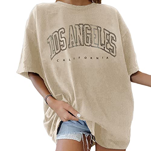 Tomwell T-Shirt Damen Oversized Mode Lose Rundhals Kurzarm Sommer Oberteile Vintage Drucken Bluse Streetwear Sport Oberteile Vintage Sweatshirt Teenager Mädchen Tunika Lang Tops Aprikose L von Tomwell