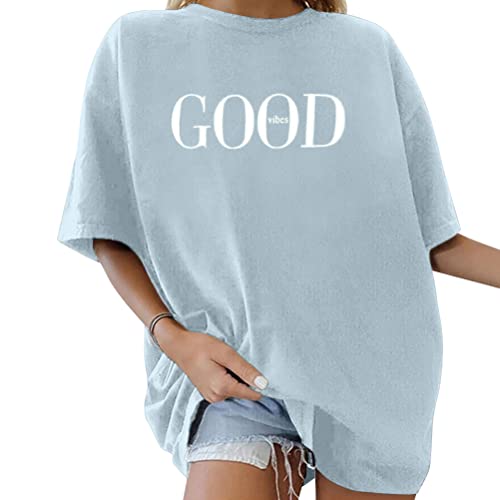 Tomwell T-Shirt Damen Oversized Mode Lose Rundhals Kurzarm Sommer Oberteile Vintage Drucken Bluse Streetwear Sport Oberteile Vintage Sweatshirt Teenager Mädchen Tunika Lang Tops Y07 Blau XS von Tomwell