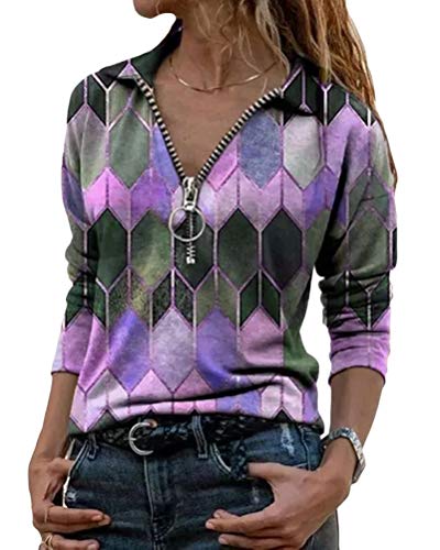 Tomwell T-Shirt Damen V-Ausschnitt Knopfleiste Bluse Solide Tunika Langam Tops Elegant Stickerei Bluse V-Ausschnitt Aushöhlen Lose Spitze Langarmshirts A Violett 2XL von Tomwell