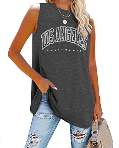 Tomwell Tank Top Damen Los Angeles Brief T-Shirt Ärmellose Sport Sommer Rundhals Oversize Oberteile Sweatshirt V-Ausschnitt Tops Lose Bluse Tunika Lang für Teen Girls A Dunkelgrau L von Tomwell