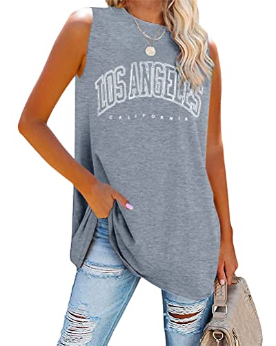 Tomwell Tank Top Damen Los Angeles Brief T-Shirt Ärmellose Sport Sommer Rundhals Oversize Oberteile Sweatshirt V-Ausschnitt Tops Lose Bluse Tunika Lang für Teen Girls A Grau XL von Tomwell