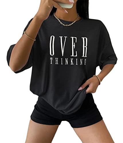 Tomwell Tshirt Damen Kurzarm Sommer Oberteile Oversize Vintage Buchstaben Muster Grafik Drucken Lose Bluse Rundhals Shirt Pullover Sweatshirt Teenager Mädchen Top A Schwarz M von Tomwell