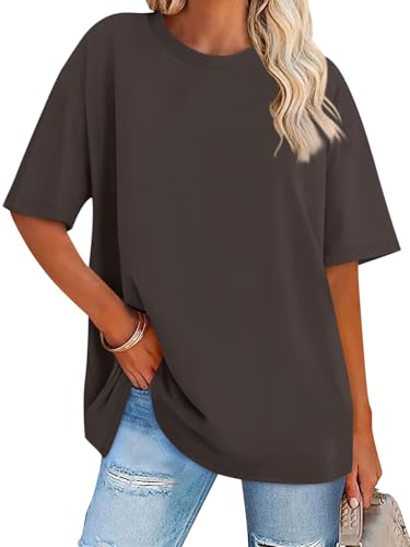 Tomwell Übergroßes T-Shirt Damen Kurzarm Top Blusen Tuniken Für Damen Plus Größe Rundhals Mode Lockeres Sport T-Shirt Sommer Shirt Hemden mit Kreativen Buchstaben Oberteile A Braun XL von Tomwell