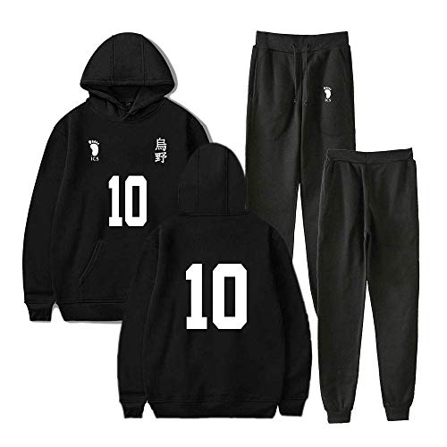 Tomwell Unisex Haikyuu Hoodie und Hose Karasuno Hinata Shoyo Cosplay Kostüm Kapuzenpullover Sportanzug Sweatshirt Sporthosen 2 Stück Sets Streatwear Trainingsanzüge Schwarz 10 S von Tomwell