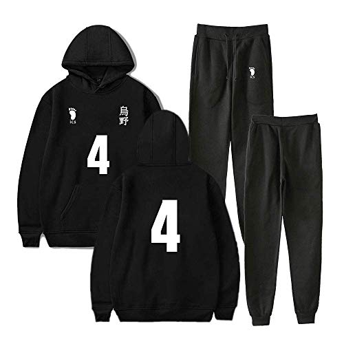 Tomwell Unisex Haikyuu Hoodie und Hose Karasuno Hinata Shoyo Cosplay Kostüm Kapuzenpullover Sportanzug Sweatshirt Sporthosen 2 Stück Sets Streatwear Trainingsanzüge Schwarz 4 XL von Tomwell