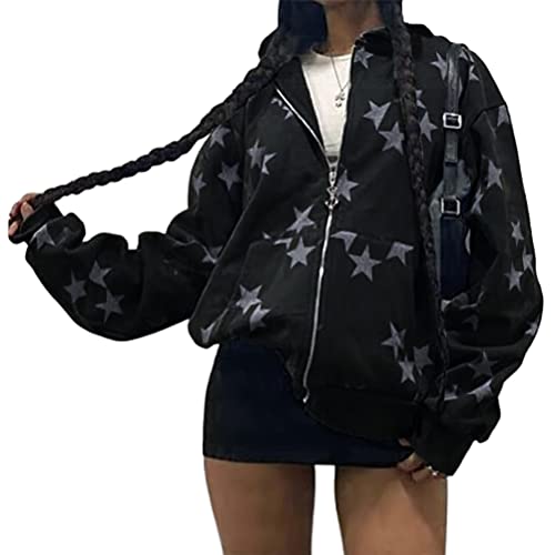 Tomwell Y2K Jacke Zip Up Hoodies für Damen Herren Sterne Motiv Graphics Harajuku für Paare Sweatshirt Vintage Kapuzenjacke Unisex Sweatjacke mit Kapuze 90er E-Girl Top D Schwarz M von Tomwell