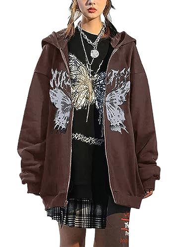 Tomwell Y2K Zip Up Hoodie Damen Oversized Sweatshirt Vintage Jacke Y2K Fashion Übergroße Schmetterlinge Pullover Aesthetic Damen 90S E-Girl Tops Goth Harajuku Sweatjacke A Braun M von Tomwell