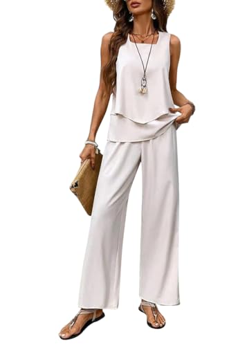 Tomwell Zweiteiler Damen Quadratischer Ausschnitt Sommer Outfits Ärmellos Hosenanzug Tank Top und Hose mit Weitem Bein Sets A Aprikose XL Tomwell Zweiteiler Damen Quadratischer Ausschnitt Sommer Outfits Ärmellos Hosenanzug Tank Top und Hose mit Weitem Bein Sets A Aprikose XL von Tomwell