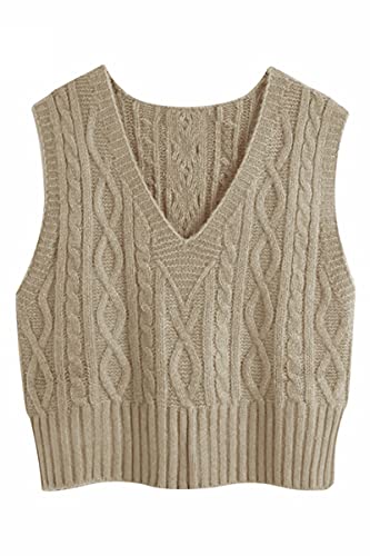 Pullunder Damen Ärmellos V-Ausschnitt Strickweste Pullover Elegant Strickpullover Strickpulli Casual Damen Herbst Winterpullover Sweater Vest Khaki M von Tongmingyun