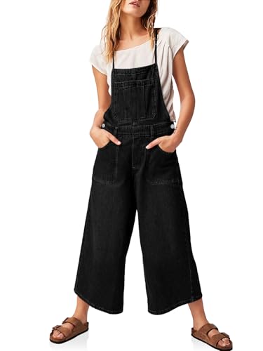 Tongmingyun Damen Baggy Denim Overalls Jumpsuits Verstellbarer Riemen Rückenfrei Weites Bein Cropped Jeans Overalls, Schwarz, XX-Large von Tongmingyun