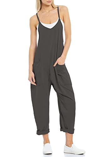 Tongmingyun Damen-Jumpsuits, lässig, ärmellos, Spaghetti-Träger, lockere Strampler, lange Hose mit Taschen, dunkelgrau, Medium von Tongmingyun