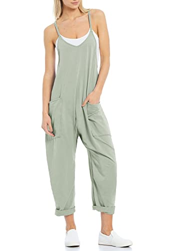 Tongmingyun Damen-Jumpsuits, lässig, ärmellos, Spaghetti-Träger, lockere Strampler, lange Hose mit Taschen, mintgrün, X-Large von Tongmingyun