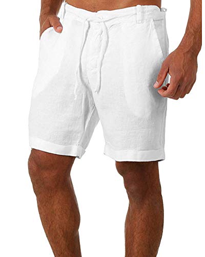 Tongmingyun Kurze Hosen Herren Leinen Bermuda Hose Casual Classic Shorts Elastische Taille Sommer Strand Leichtes Brett Slim-Fit mit Taschen Weiß 2XL von Tongmingyun