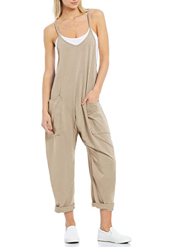 Tongmingyun Lässiger ärmelloser Damen-Overall, Spaghetti-Träger, lockerer Strampler, lange Hose mit Taschen, Khaki, Medium von Tongmingyun