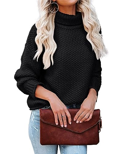 Tongmingyun Rollkragenpullover Damen Pullover Strickpullover Basic Fledermausärmel Elegant Sweater Lose Chunky Pulli Winter Oberteile für Herbst Winter Schwarz XL von Tongmingyun