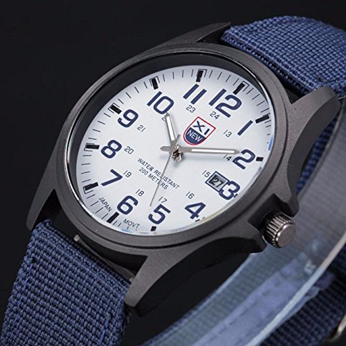 Herren Armbanduhr Kalender LED Licht Canvas Stoff Band Analog Militärarmee Stahl Sport Edelstahl Quarz Herren Datum Outdoor Armbanduhr Damen Digitaluhr Wasserdicht Elastisch (Blue-C, One Size) von Tonsee Accessoire