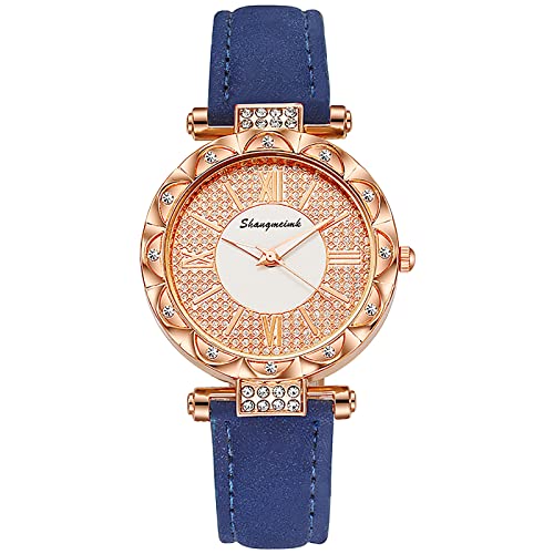 Tonsee Accessoire Armbanduhr Herren Wasserdicht Sport Frauen-Uhr-Damen voller Diamanten Lederband-Quarz-Armbanduhr weibliche Moderne und einfache Uhr Damenuhr (Blue, One Size) von Tonsee Accessoire