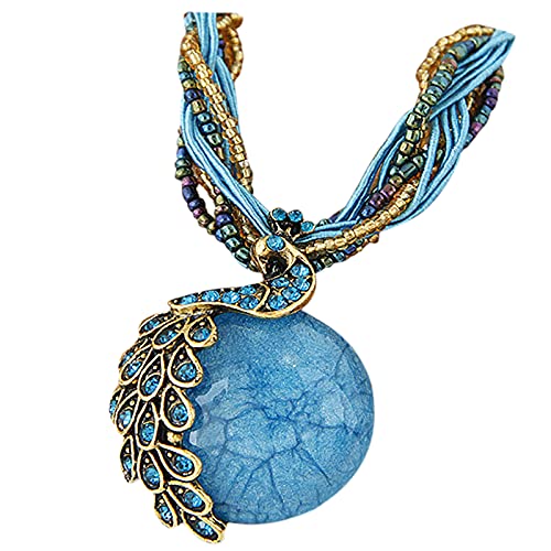 Tonsee Accessoire Damen Halskette aus Edelstahl Aussage Geschenk Strass Pfau Zubehör Damen Halskette Bohemian Anhänger Halsketten Anhänger Totenkopf Anhänger (Blue, One Size) von Tonsee Accessoire