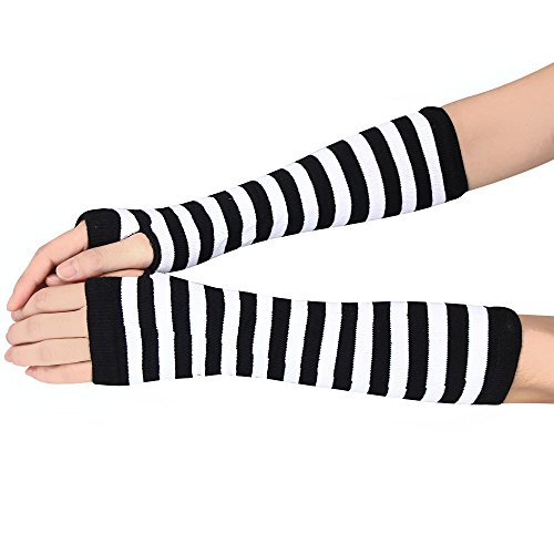 TONSEE Damen Baumwolle Armstulpen Stripe Fein Strick lang Fingerless Pulswärmer Handwärmer Stulpen (Weiß) von TONSEE