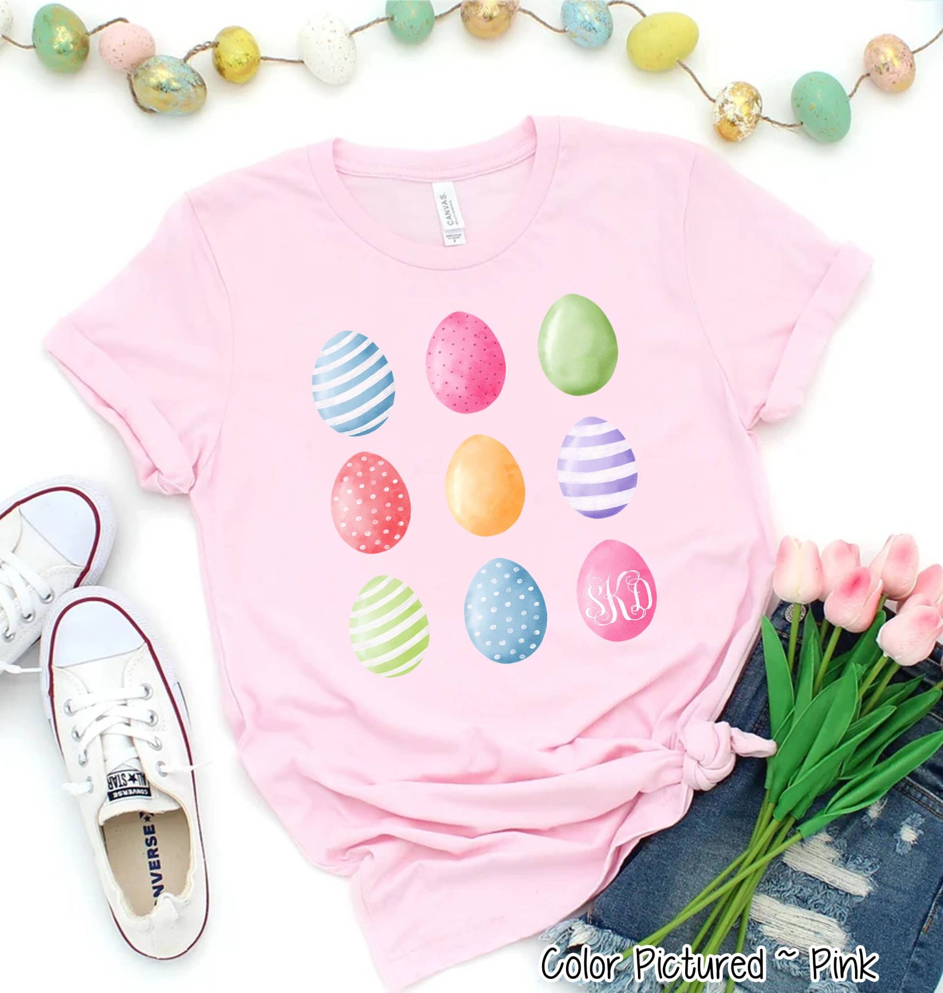 Monogramm Aquarell Ostereier Shirt, Frohe Ostern Mädchen Niedliches Shirt Für Frau, Benutzerdefinierte Osterfamilie Passendes von TooCuteCustomDesign