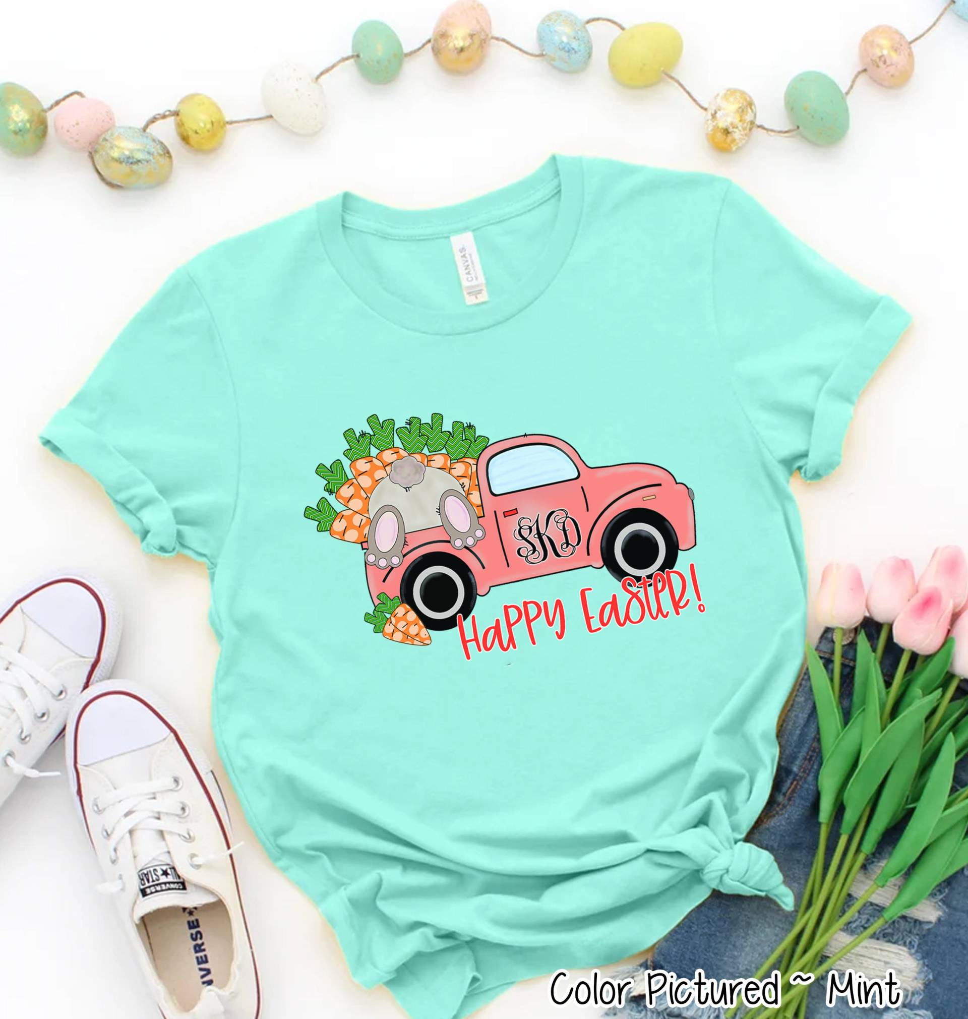 Monogramm Osterhase Lkw-Hemd, Fröhlichen Ostern Shirt, Mädchen Niedlichen Shirt Für Frau, Benutzerdefinierten Osterfamilie Passendem von TooCuteCustomDesign