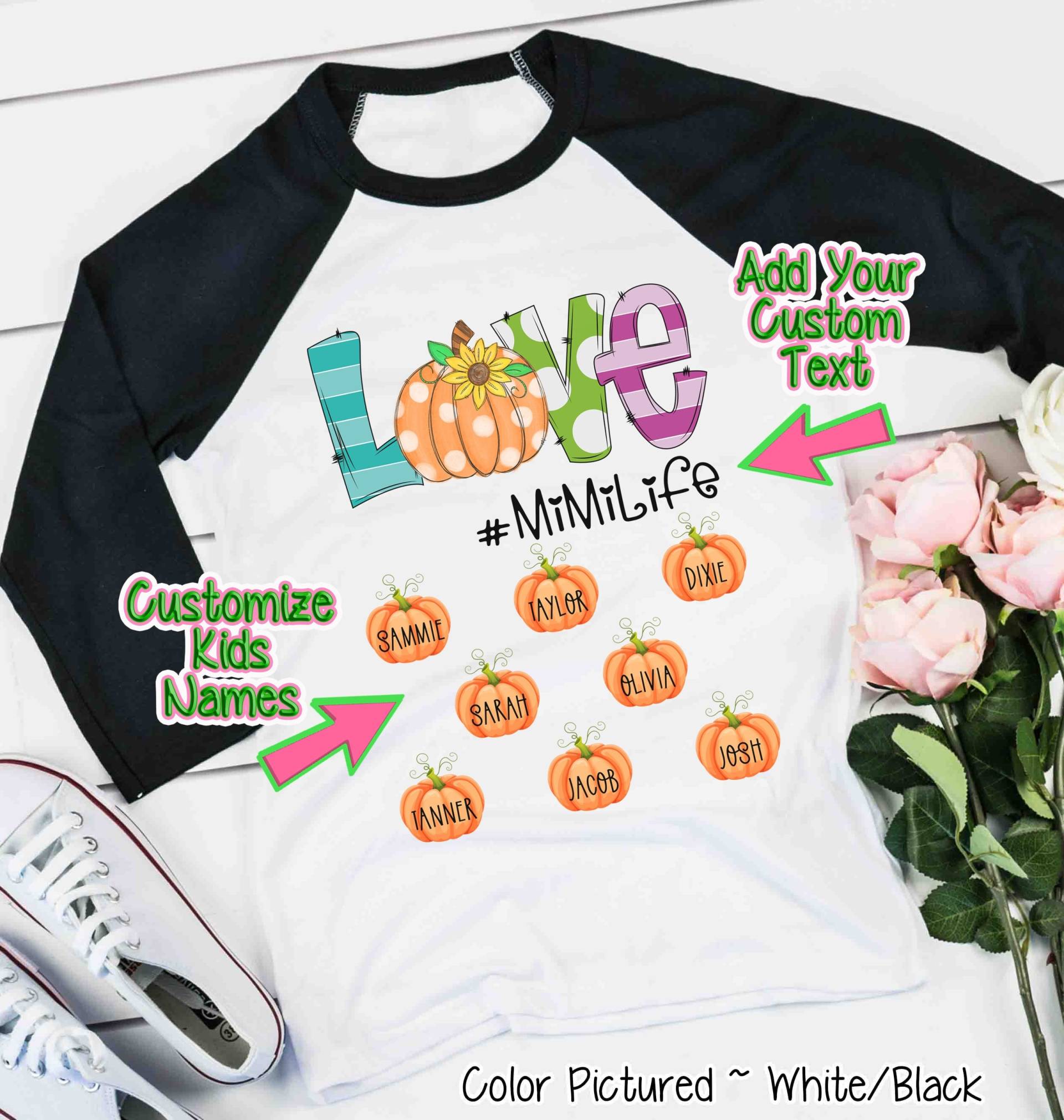 Personalisiertes Herbst Kürbis Shirt, Mama Nana Gigi Nina Oma Lolly Kinder Namen Süße Shirts, Thanksgiving Raglan von TooCuteCustomDesign