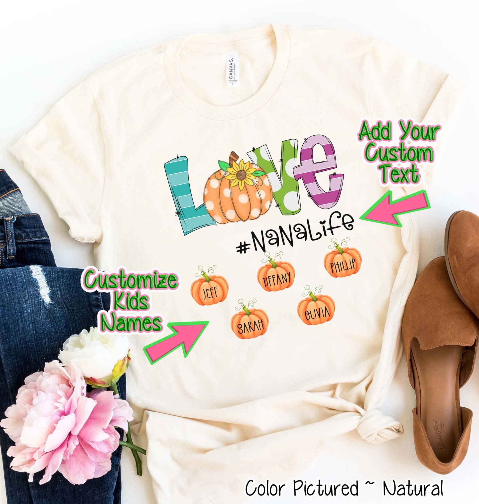 Personalisiertes Herbst Kürbis Shirt, Mutter Nana Gigi Nina Oma Lolly Kinder Namen Süßes Thanksgiving Shirt von TooCuteCustomDesign