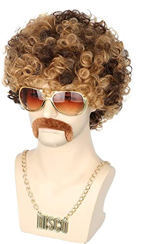 Topcosplay 3er Set Herren Perücke 70er Jahre Disco Dude Dirt Bag Perücke Halskette & Schnurrbart kurz gelockt Afro Shaggy Perücke Blond Mix Schwarz von Topcosplay