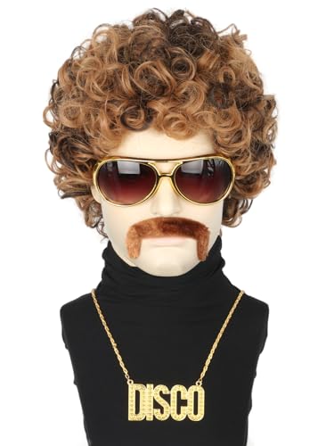 Topcosplay 4er Set Afro Perücke Herren mit Sonnenbrille Schnurrbart Halskette 70 80er Jahre Perücke Vokuhila Disco Perücke Hippie Perücke Halloween Karneval Kostüm (Blond Mix Braun) von Topcosplay