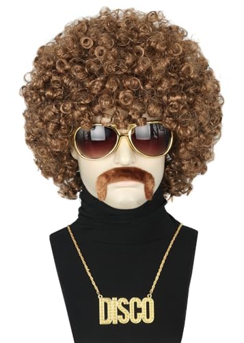 Topcosplay 4er Set Afro Perücke Herren mit Sonnenbrille Schnurrbart Halskette 70 80er Jahre Perücke Vokuhila Disco Perücke Hippie Perücke Halloween Karneval Kostüm (Hellbraun) von Topcosplay