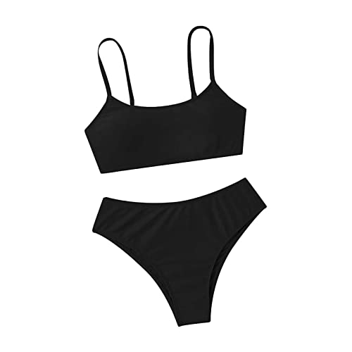 Bikini Mädchen Teenager mit Shorts Bikini Kinder Mädchen Zweiteiliger Badeanzüge Rüschen Bikinioberteil mit Triangel Bedruckte Bikinihose Mädchen Tankini Bikini Mädchen (B-Black, 10-11 Years) von Topgrowth Accessorio