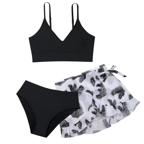 Bikini Mädchen Teenager mit Shorts Bikini Kinder Mädchen Zweiteiliger Badeanzüge Rüschen Bikinioberteil mit Triangel Bedruckte Bikinihose Mädchen Tankini Bikini Mädchen (B1-Schwarz, 13-14 Years) von Topgrowth Accessorio