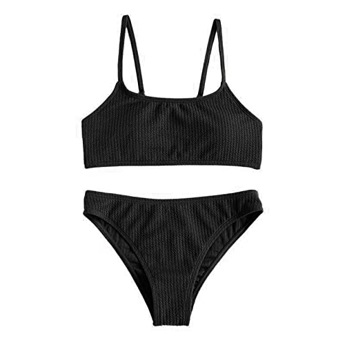 Bikini Mädchen Teenager mit Shorts Bikini Kinder Mädchen Zweiteiliger Badeanzüge Rüschen Bikinioberteil mit Triangel Bedruckte Bikinihose Mädchen Tankini Bikini Mädchen (C-Black, 10-11 Years) von Topgrowth Accessorio