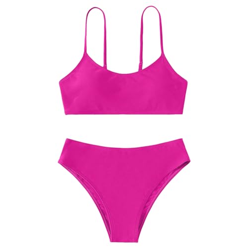 Bikini Mädchen Teenager mit Shorts Bikini Kinder Mädchen Zweiteiliger Badeanzüge Rüschen Bikinioberteil mit Triangel Bedruckte Bikinihose Mädchen Tankini Bikini Mädchen (Y1-Hot Pink, 13-14 Years) von Topgrowth Accessorio