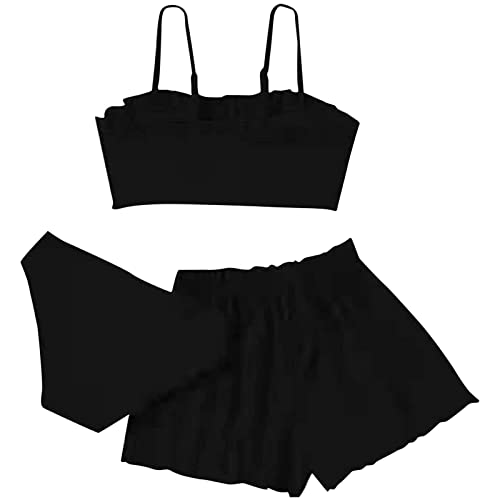 Bikini Mädchen Teenager mit Shorts Bikini Kinder Mädchen Zweiteiliger Badeanzüge Rüschen Bikinioberteil mit Triangel Bedruckte Bikinihose Mädchen Tankini Bikini Mädchen (Z1-Black, 12-14 Years) von Topgrowth Accessorio